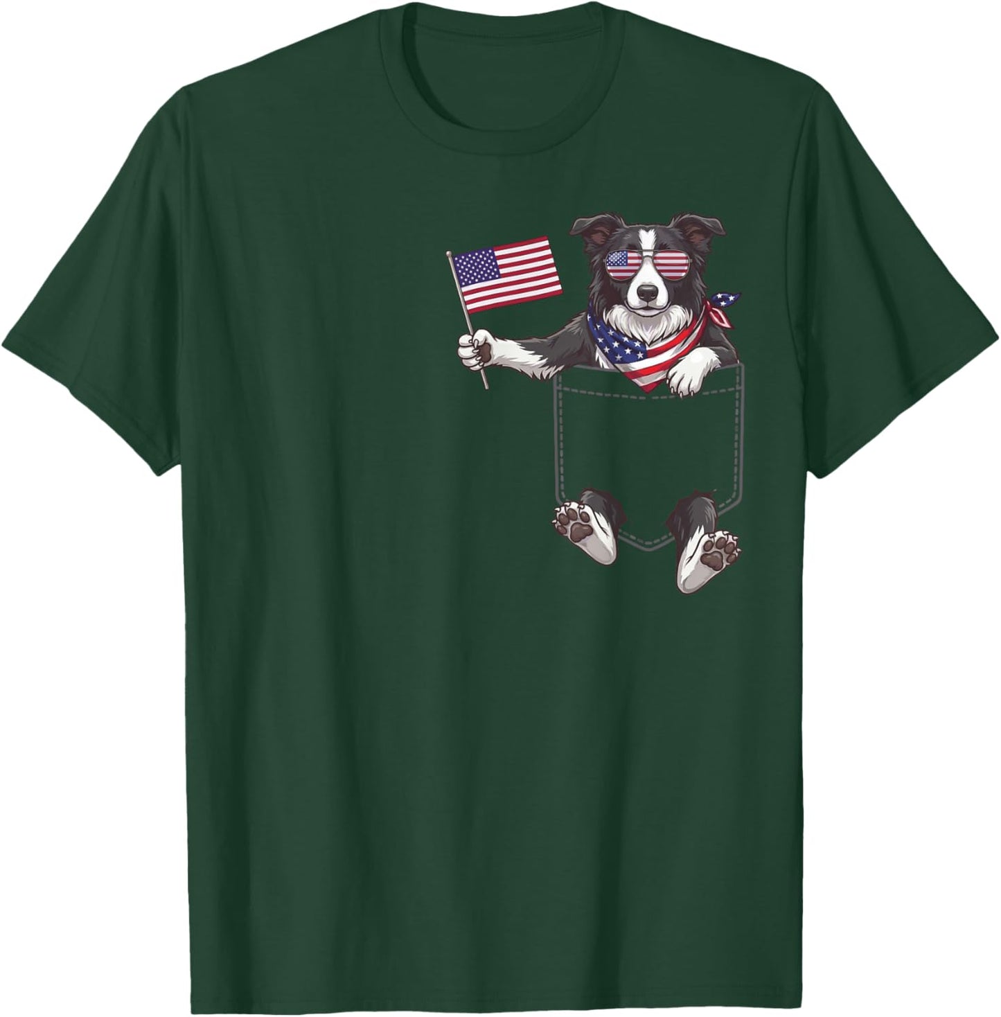 Border Collie Dog Pocket American Flag 4th of July USA T-Shirt - T-Shirt | Forest