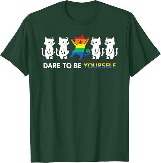 Dare to Be Yourself LGBTQ Ally Pride Support Cat T-Shirt - T-Shirt | Forest