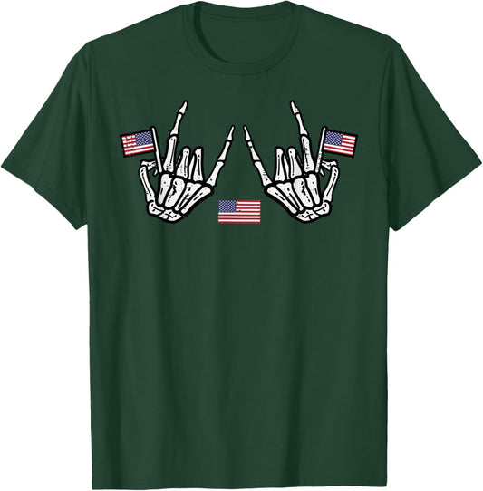4th Of July Rocker Skeleton Hands Rock Patriot Men Boys Kids T-Shirt - T-Shirt | Forest