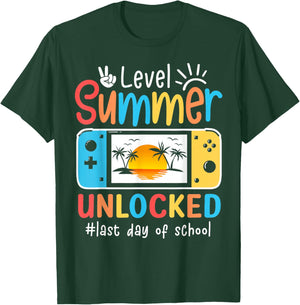 Gamers Last Day Of School Level Unlocked Hello Summer Gaming T-Shirt - T-Shirt | Forest
