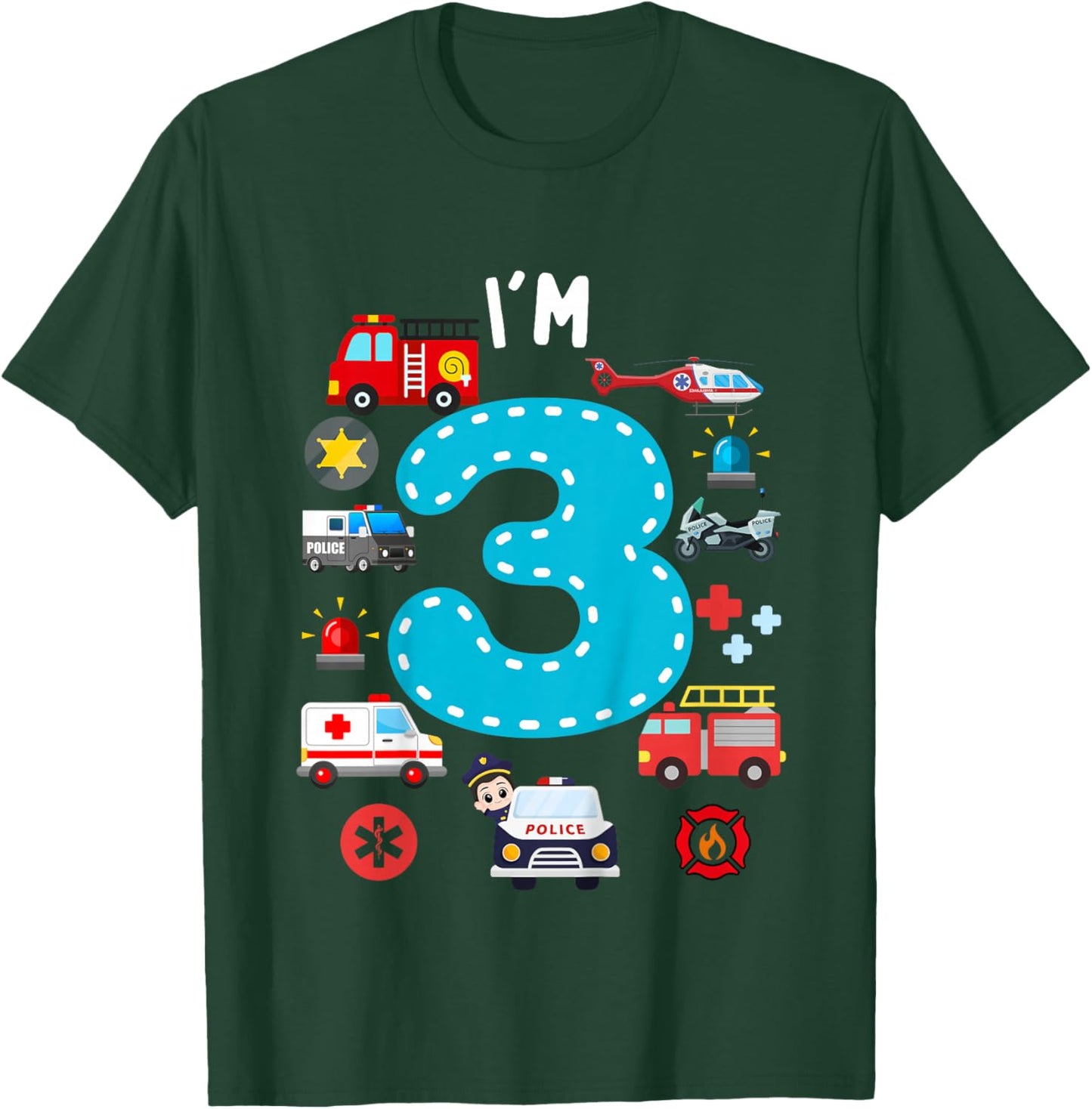 Kids 3rd Birthday Emergency Vehicles Boys 3Years Old Toddler Kids T-Shirt - T-Shirt | Forest