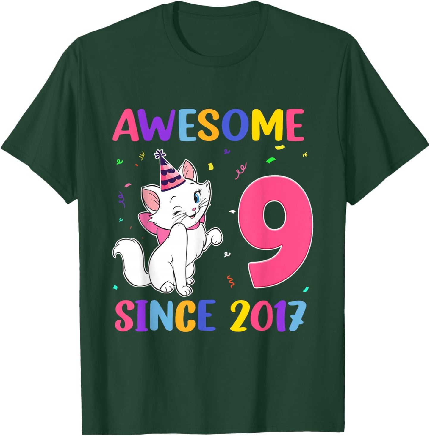 9 Years Old 9th Birthday Girls Cute Cat Awesome Since 2017 T-Shirt - T-Shirt | Forest