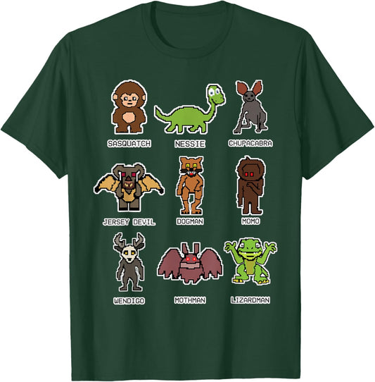 Bigfoot Ness Mothman Wendigo Monsters Retro 8-Bit Cryptid T-Shirt - T-Shirt | Forest