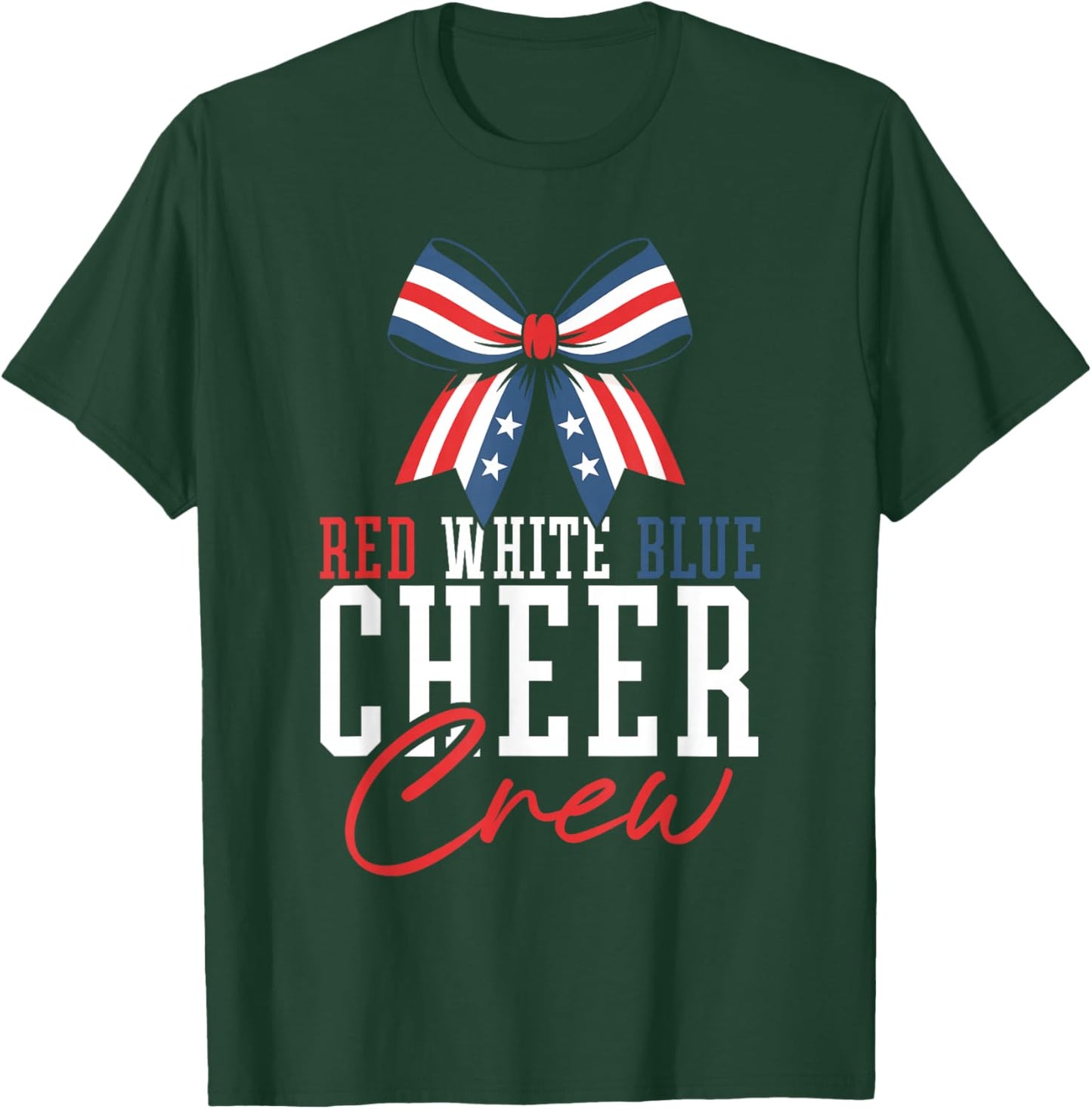 Red White Blue Cheer Crew Patriotic Cheerleader USA Bow T-Shirt - T-Shirt | Forest