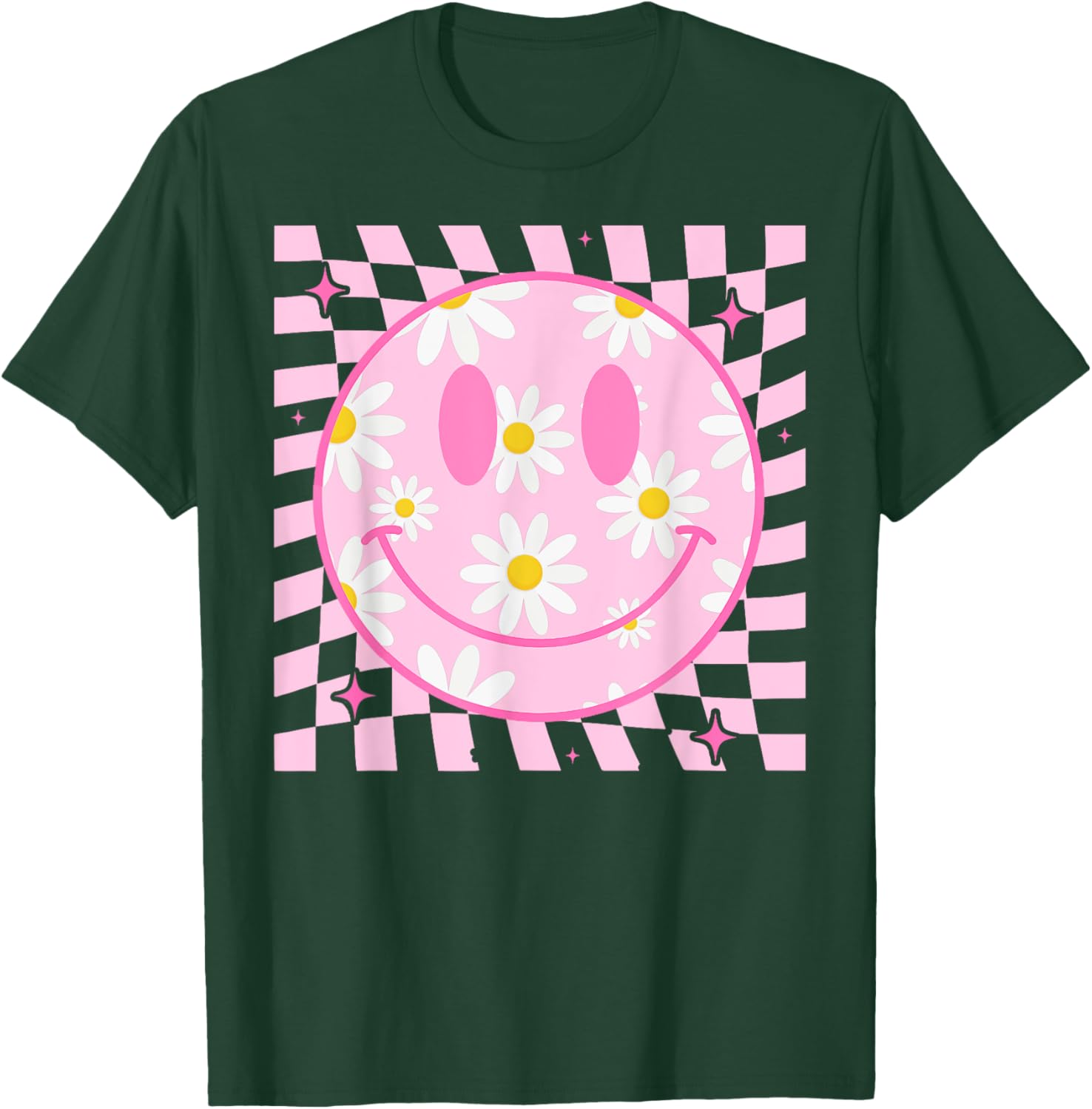 Retro Happy Smile Face Checkered Pattern Pink Daisy Flower T-Shirt - T-Shirt | Forest