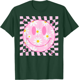 Retro Happy Smile Face Checkered Pattern Pink Daisy Flower T-Shirt - T-Shirt | Forest
