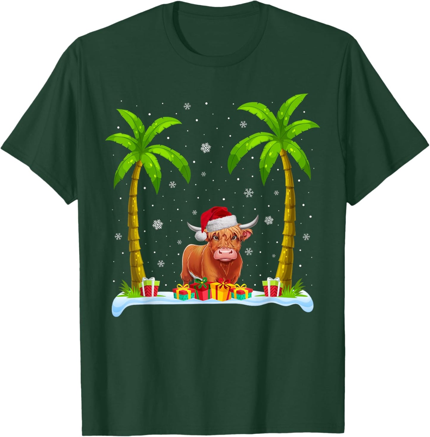 Highland Cow Santa Hat Palm Tree Beach Xmas Pajama T-Shirt - T-Shirt | Forest