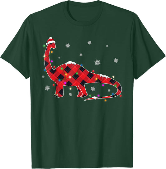 Red Buffalo Plaid T-rex Dinosaur Christmas Tree Lights T-Shirt - T-Shirt | Forest