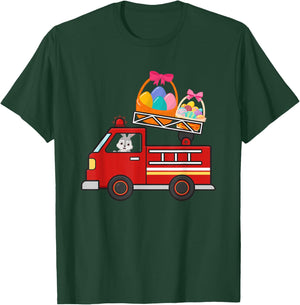 Bunny Riding Firetruck Easter Day Firefighter Happy Easter T-Shirt - T-Shirt | Forest
