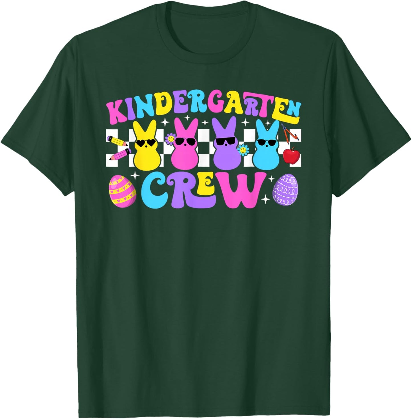 Kindergarten Crew Retro Bunny Teacher Easter Day Rabbit T-Shirt - T-Shirt | Forest