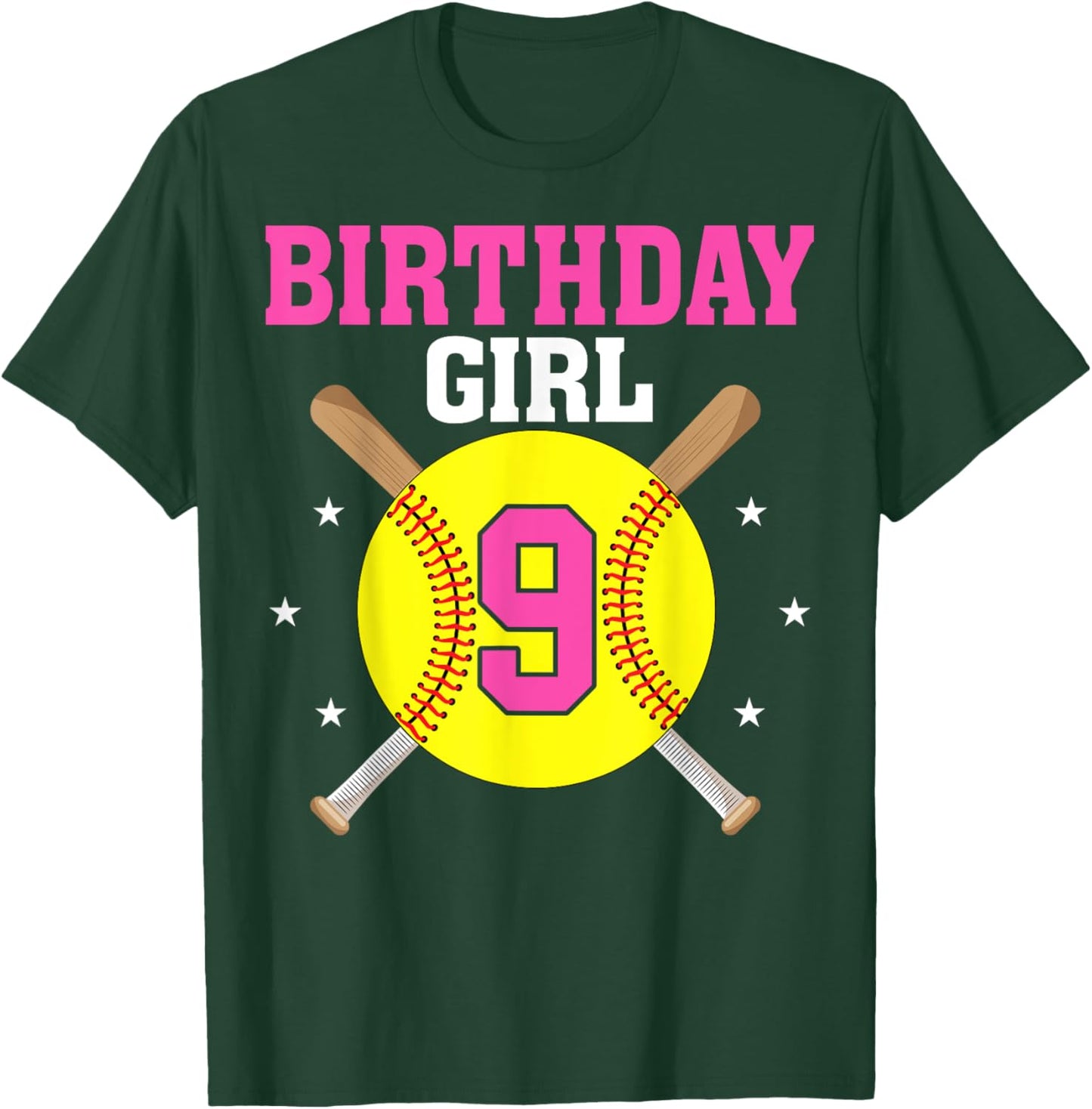 9th Birthday Party Softball Player Birthday Girl 9 Years Old T-Shirt - T-Shirt | Forest