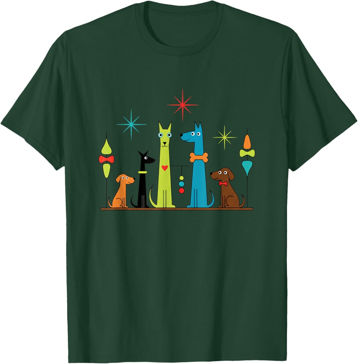 Dog Retro Mid-Century Colorful Dogs, Playful Dog Lover Art T-Shirt - T-Shirt | Forest