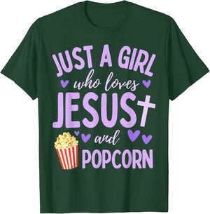 Just A Girl Who Loves Jesus and Popcorn Christian Funny T-Shirt - T-Shirt | Forest