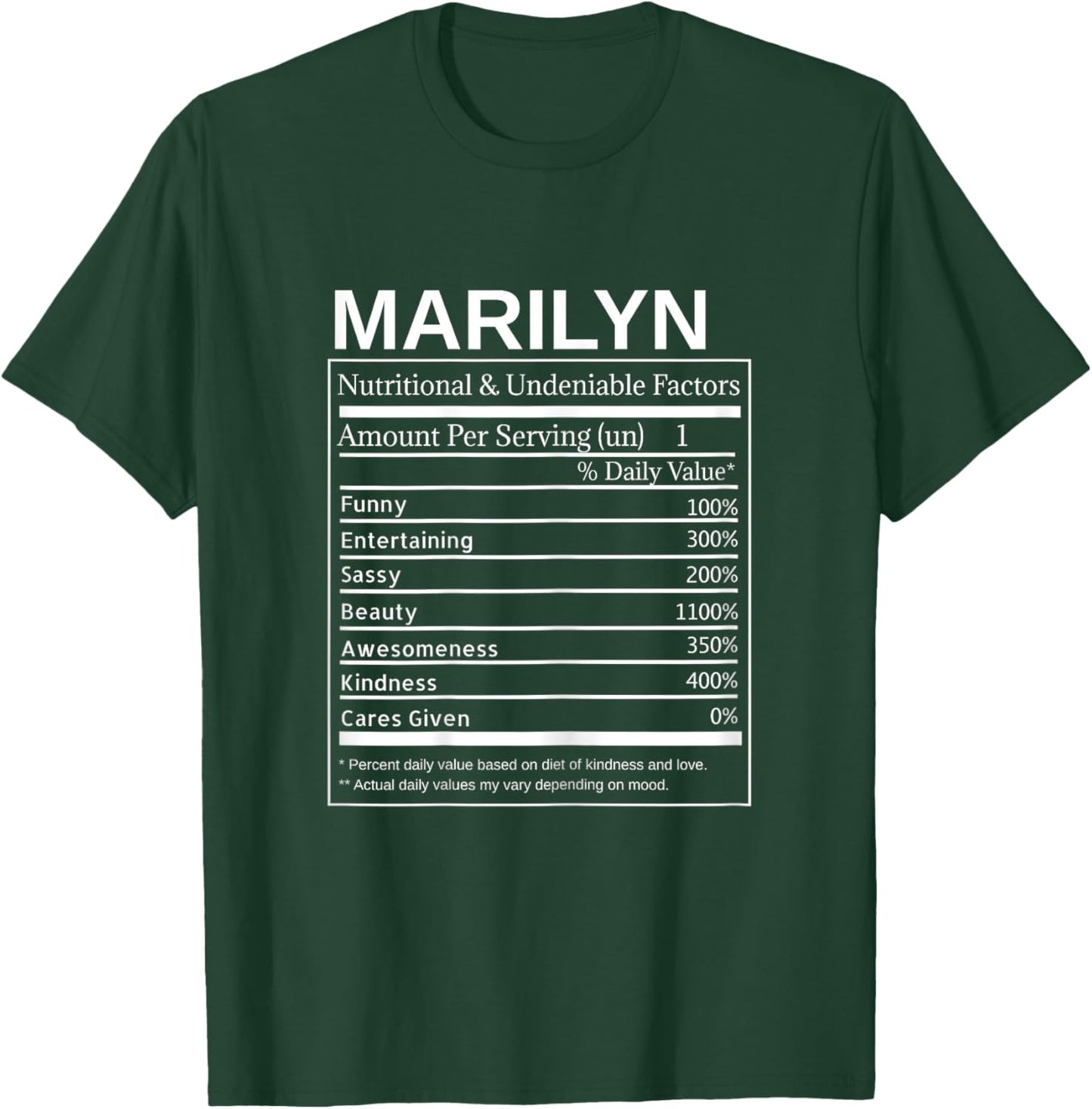 Marilyn Nutrition Facts Funny Sarcastic Personalized Name T-Shirt - T-Shirt | Forest