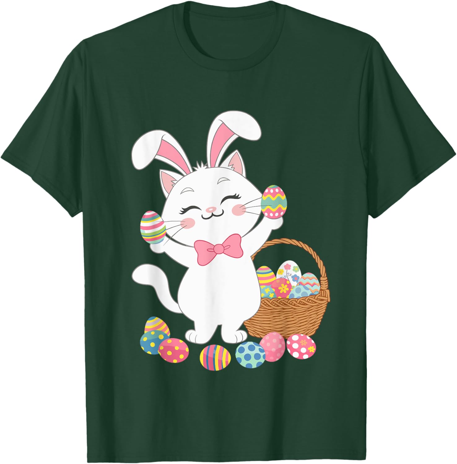 Cute Cat Bunny Ears Eggs Easter Day Cat Lover Women Kids T-Shirt - T-Shirt | Forest