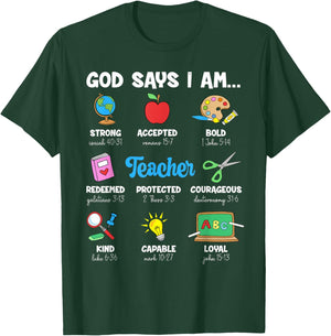 Funny God Says Im Teacher Christian Back To School Religious Men Women T-Shirt - T-Shirt | Forest