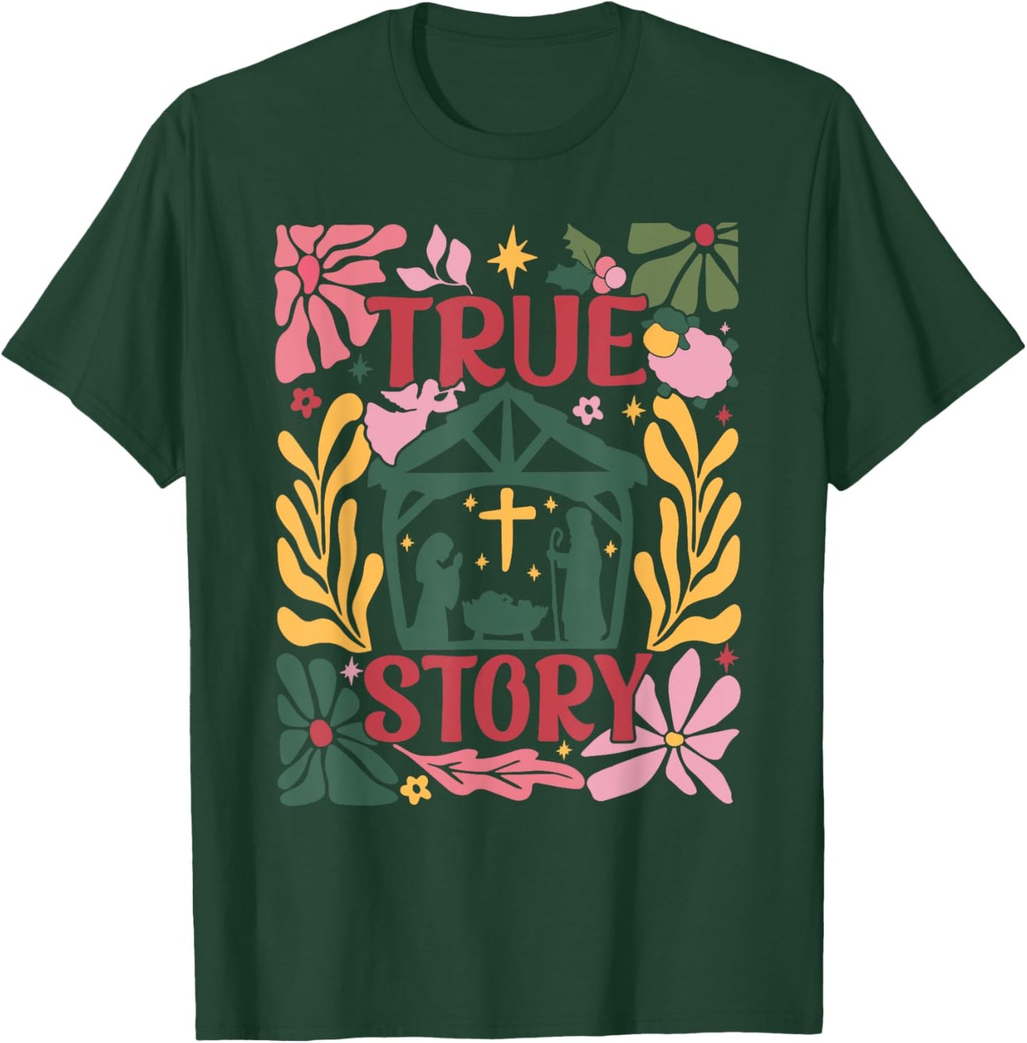 True Story Jesus Christmas Nativity Scene Boho Flower T-Shirt - T-Shirt | Forest