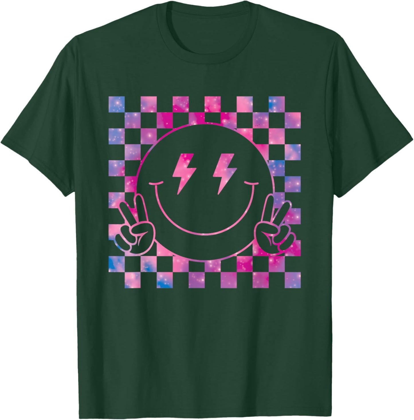 Checkered Lightning Bolt Eyes Happy Smiling Smile Face Peace T-Shirt - T-Shirt | Forest
