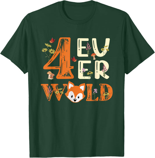 4 Ever Wild Birthday Decorations Girl Fox 4th Birthday Party T-Shirt - T-Shirt | Forest