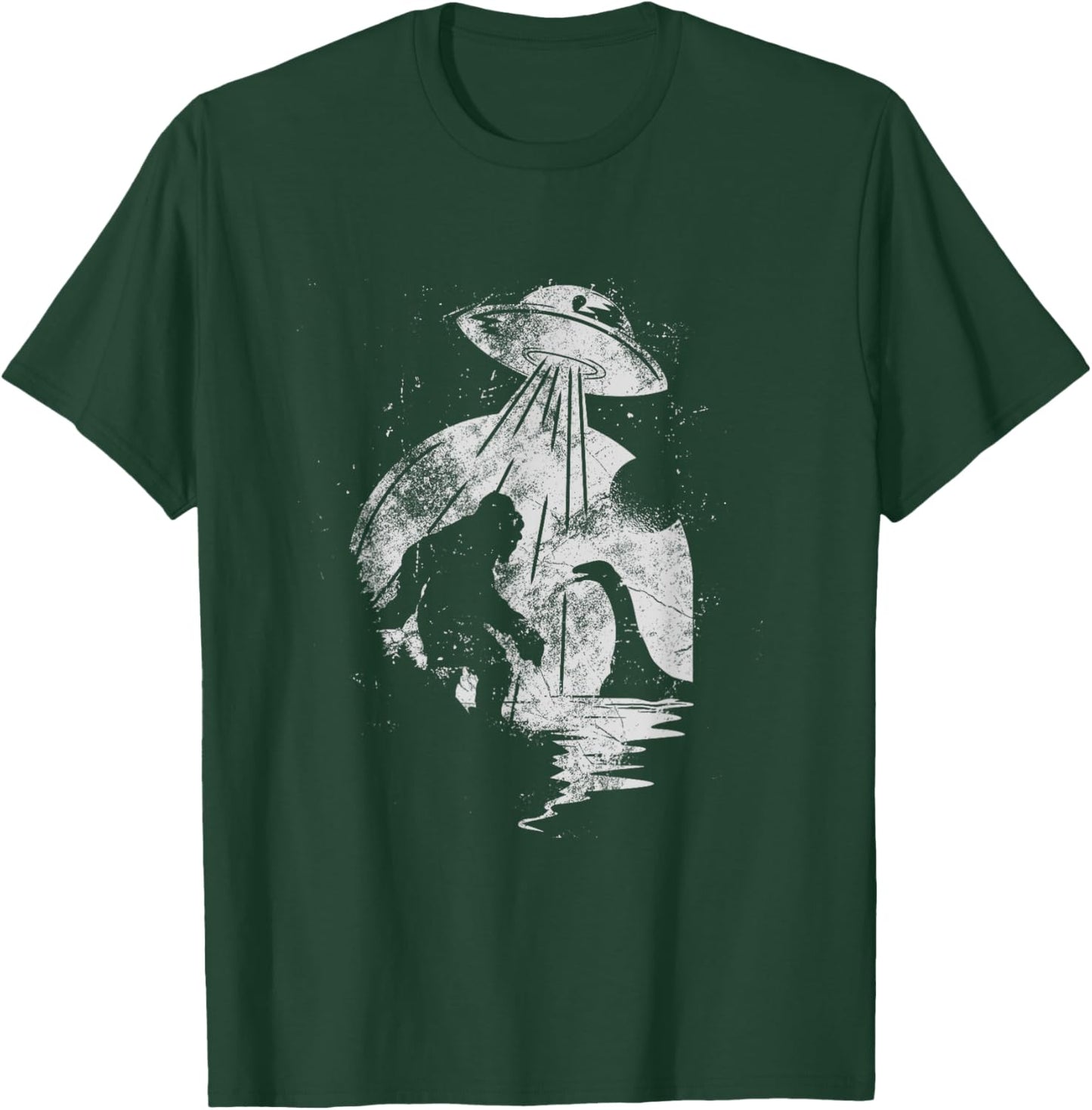 Bigfoot And Loch Ness Monster Being Abducted By A UFO T-Shirt - T-Shirt | Forest