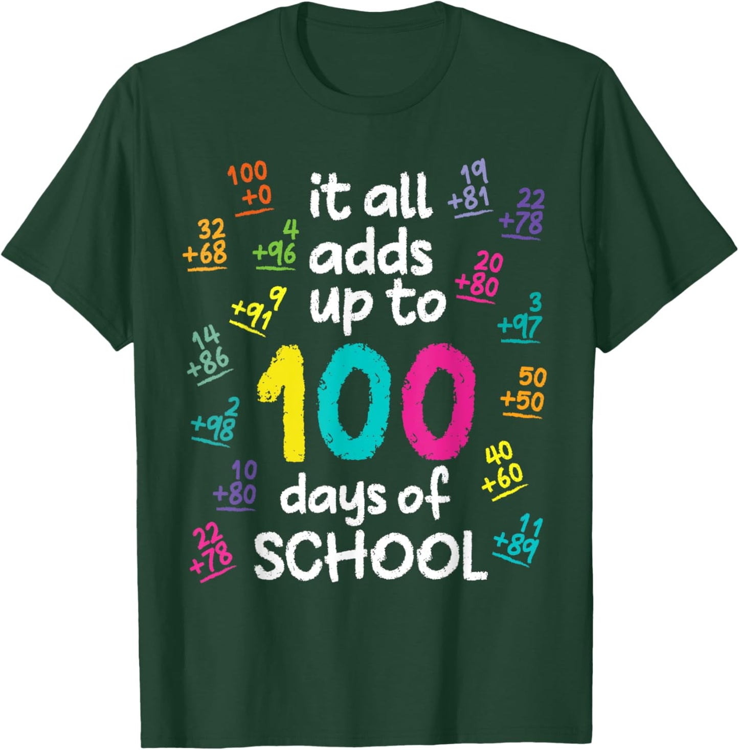 Cool 100 Days Of School Math Addition Funny Teacher Student T-Shirt - T-Shirt | Forest