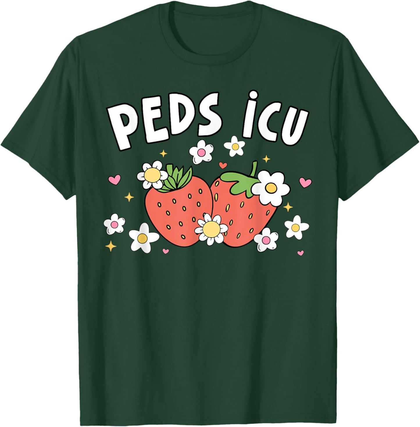 Retro PEDS ICU Strawberry Floral Pediatric Cardiac ICU Nurse T-Shirt - T-Shirt | Forest