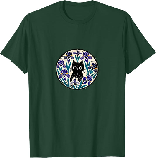 Black Cat Art Iris Flower Illustration T-Shirt - T-Shirt | Forest