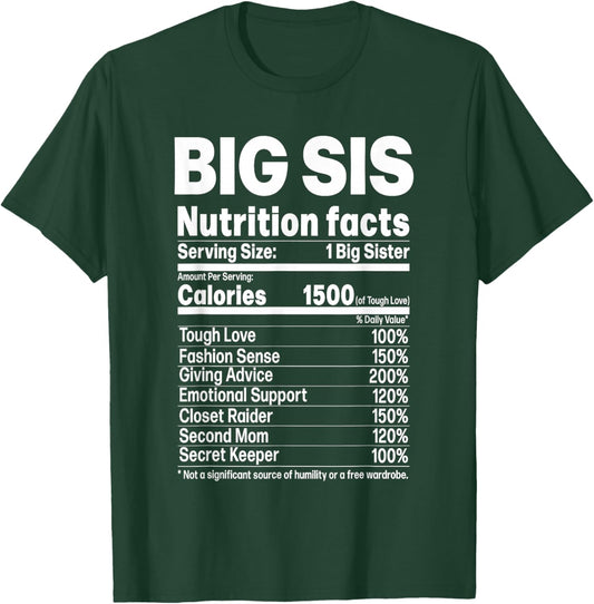 Big Sister Funny Sibling Humor Big Sis Nutrition Facts T-Shirt - T-Shirt | Forest