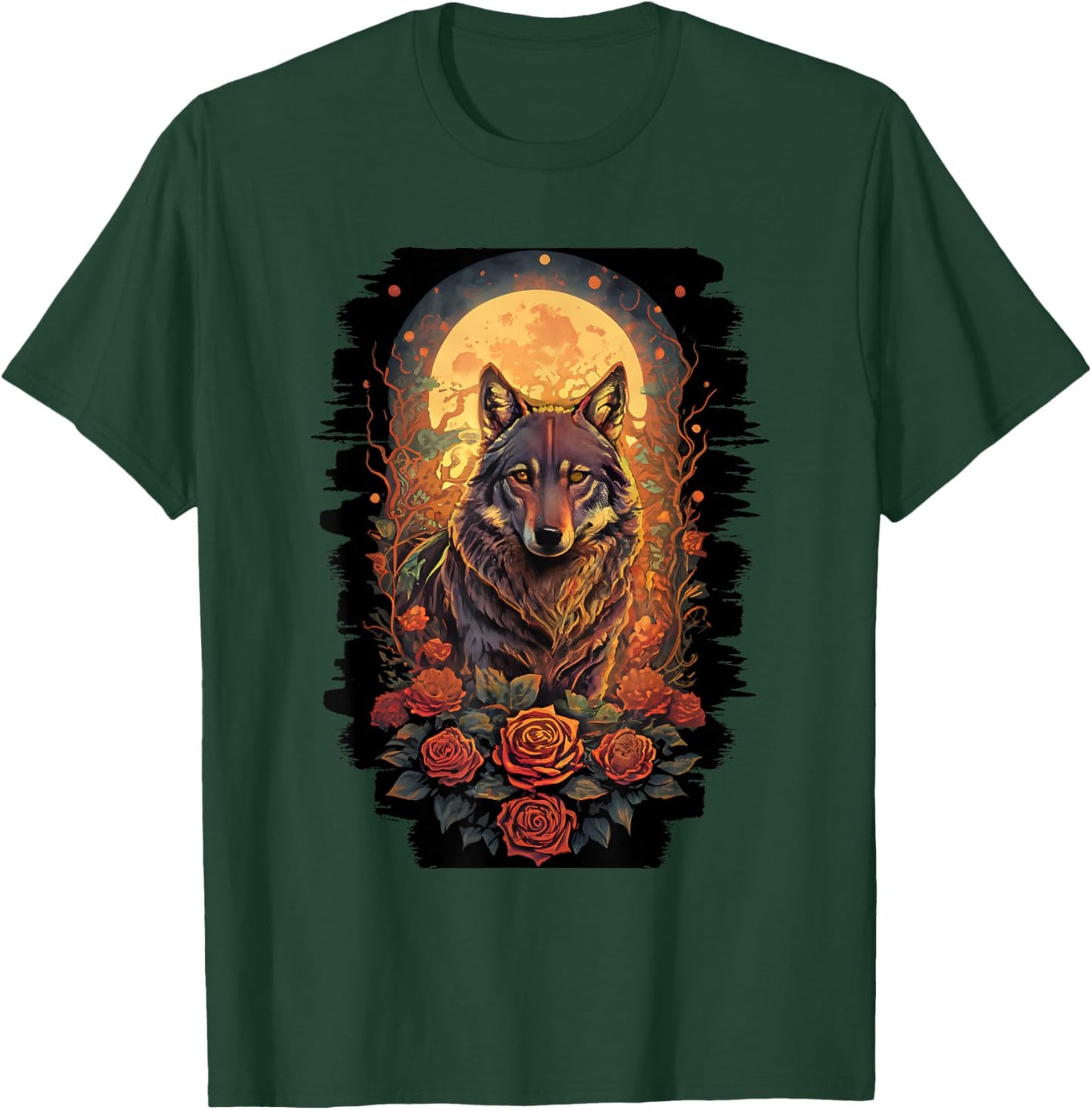 Botanical Wolf Women Roses Full Moon Kids Floral Wolf T-Shirt - T-Shirt | Forest