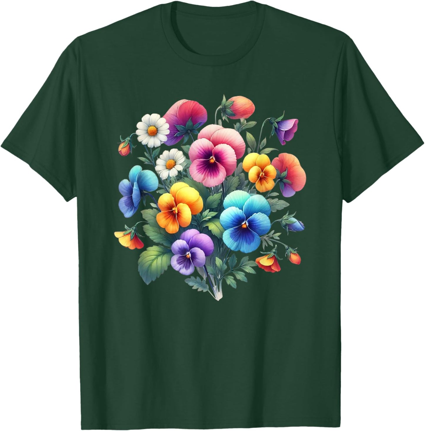 Multicolored Pansies and Delicate White Daisies Shapes Mania T-Shirt - T-Shirt | Forest