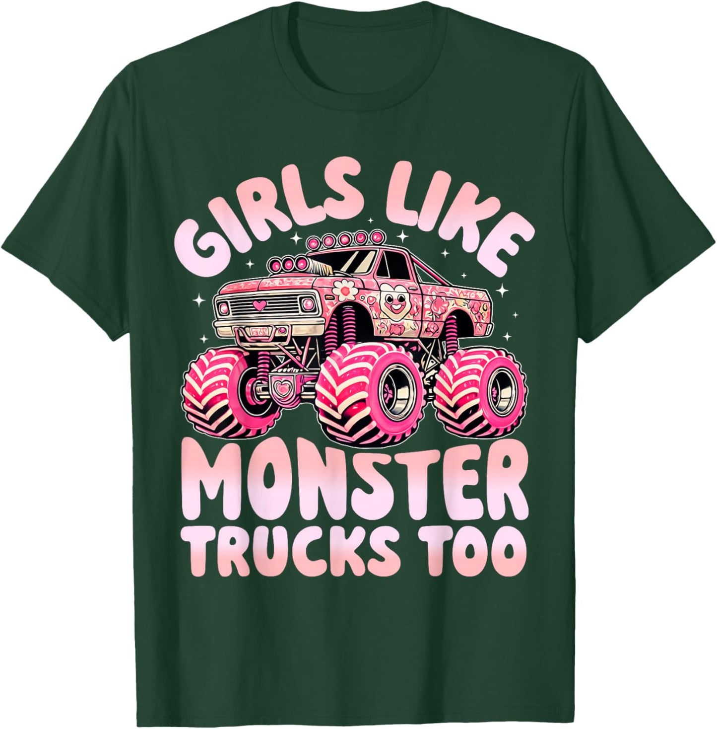 Funny Girls Like Monster Trucks Too Pink Monster Truck Girls T-Shirt - T-Shirt | Forest