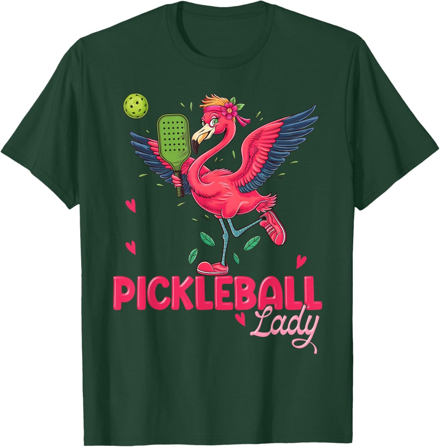 Pickleball Lady Flamingo Holding a Pickleball Paddle Funny T-Shirt - T-Shirt | Forest