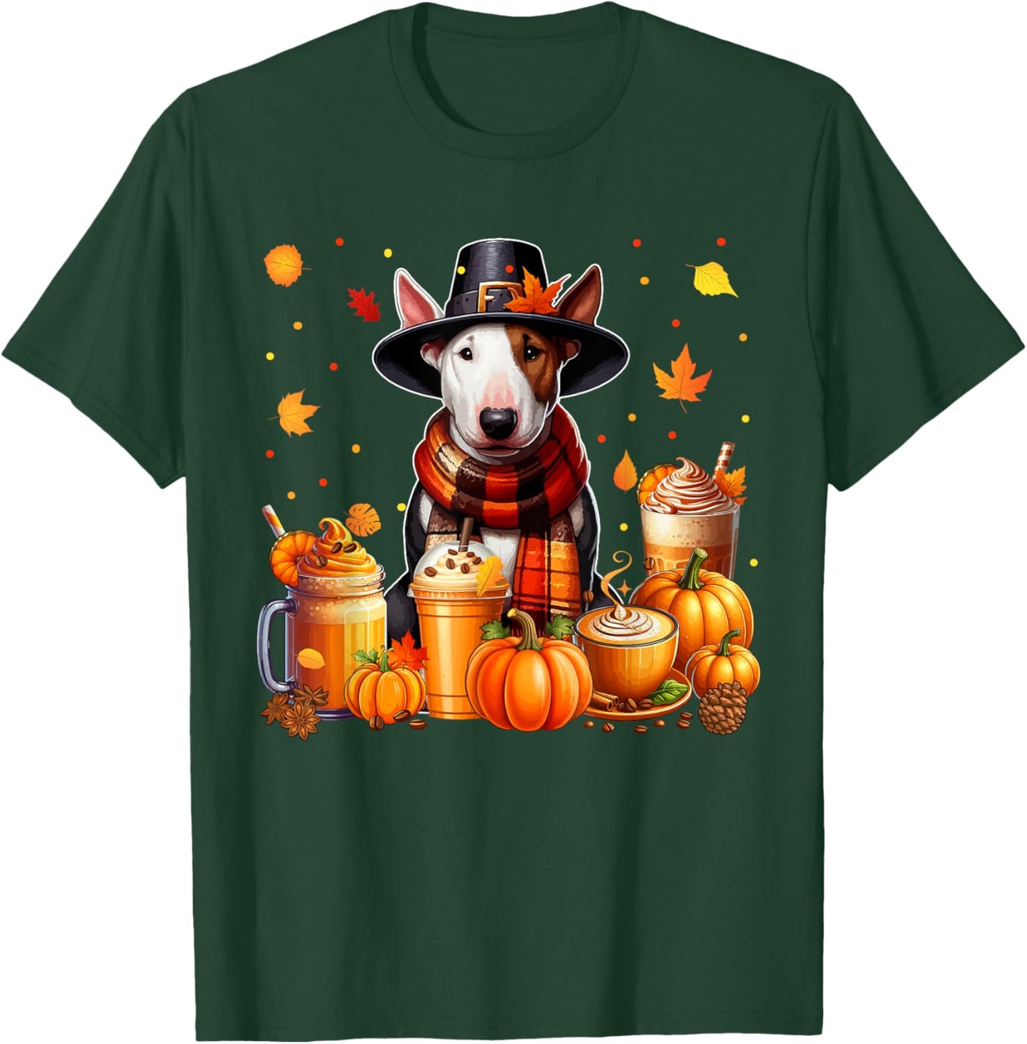 Bull Terrier Thanksgiving Drinks Coffee Fall Leaves Pumpkins T-Shirt - T-Shirt | Forest