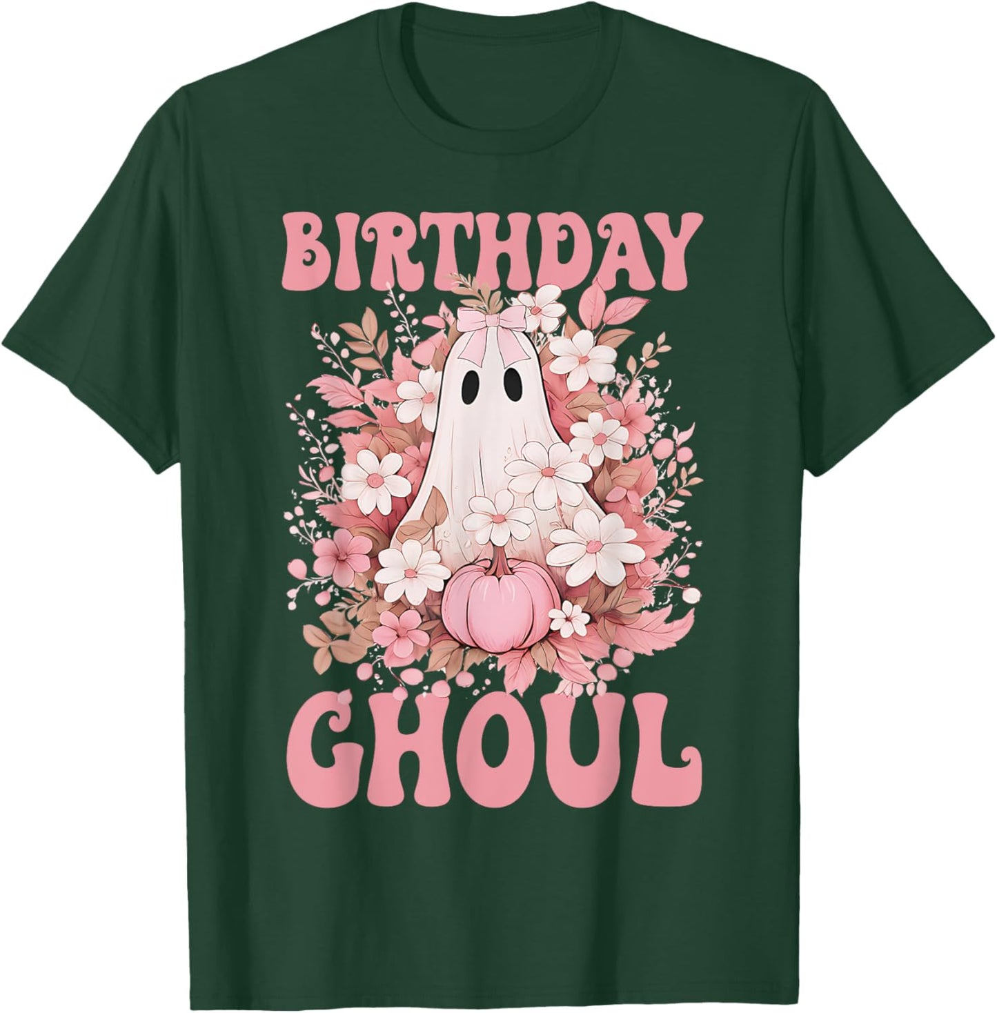 Birthday Ghoul Floral Ghost Bow Halloween Birthday Girls T-Shirt - T-Shirt | Forest
