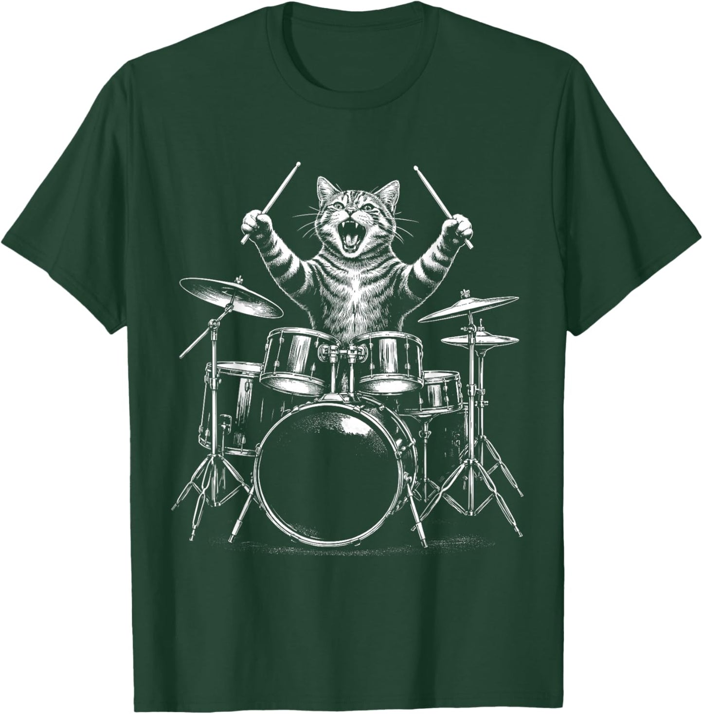 Drummer Rock Cat Playing Drums Heavy Metal Drummer Cats Music T-Shirt - T-Shirt | Forest