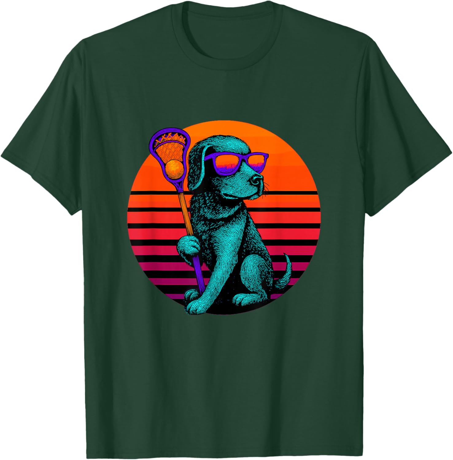 Retro Dog with Lacrosse Stick Lacrosse Player T-Shirt - T-Shirt | Forest