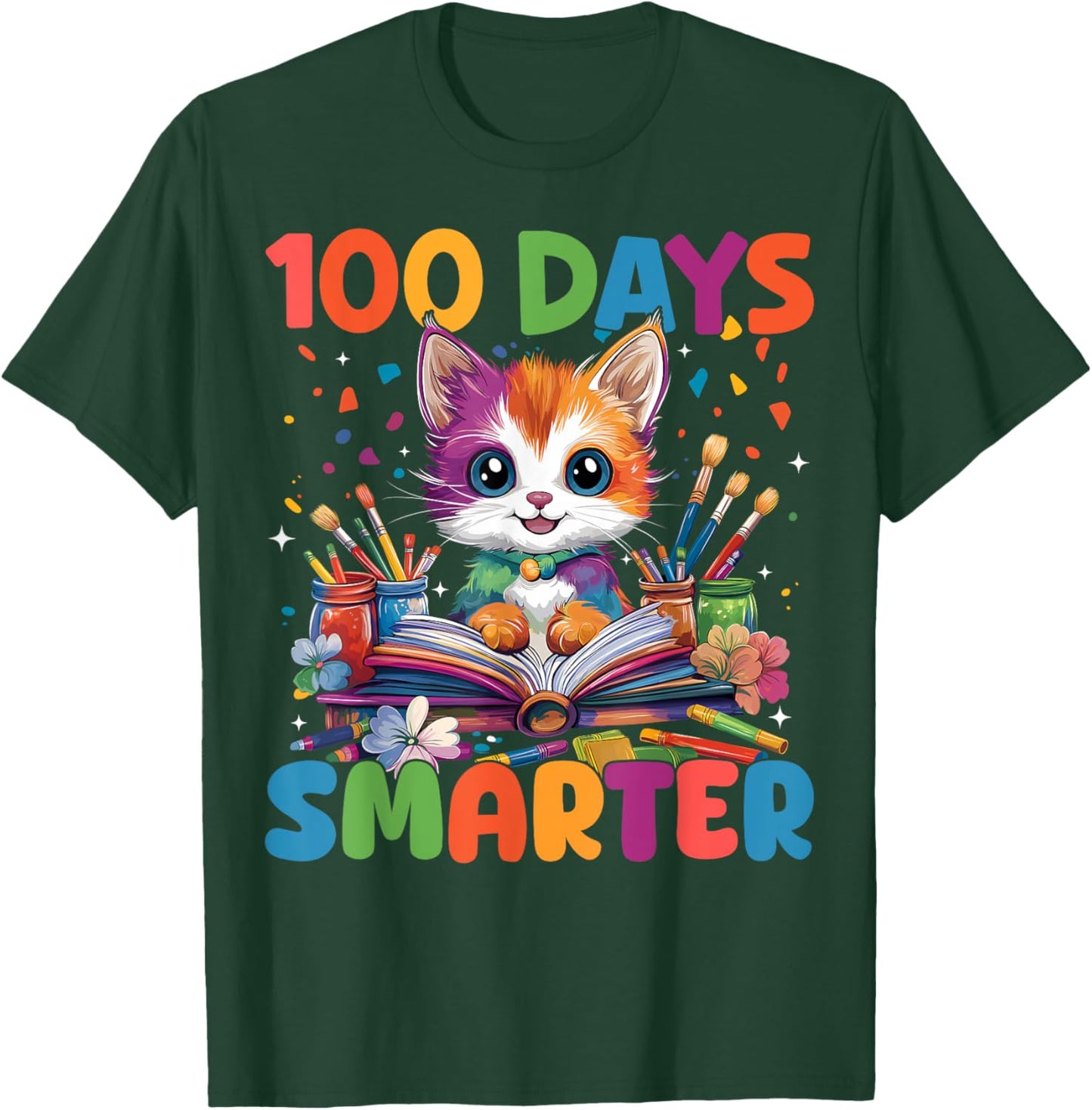 Cats 100th Day Of School Teacher 100 Days Smarter Cat Kitty T-Shirt - T-Shirt | Forest