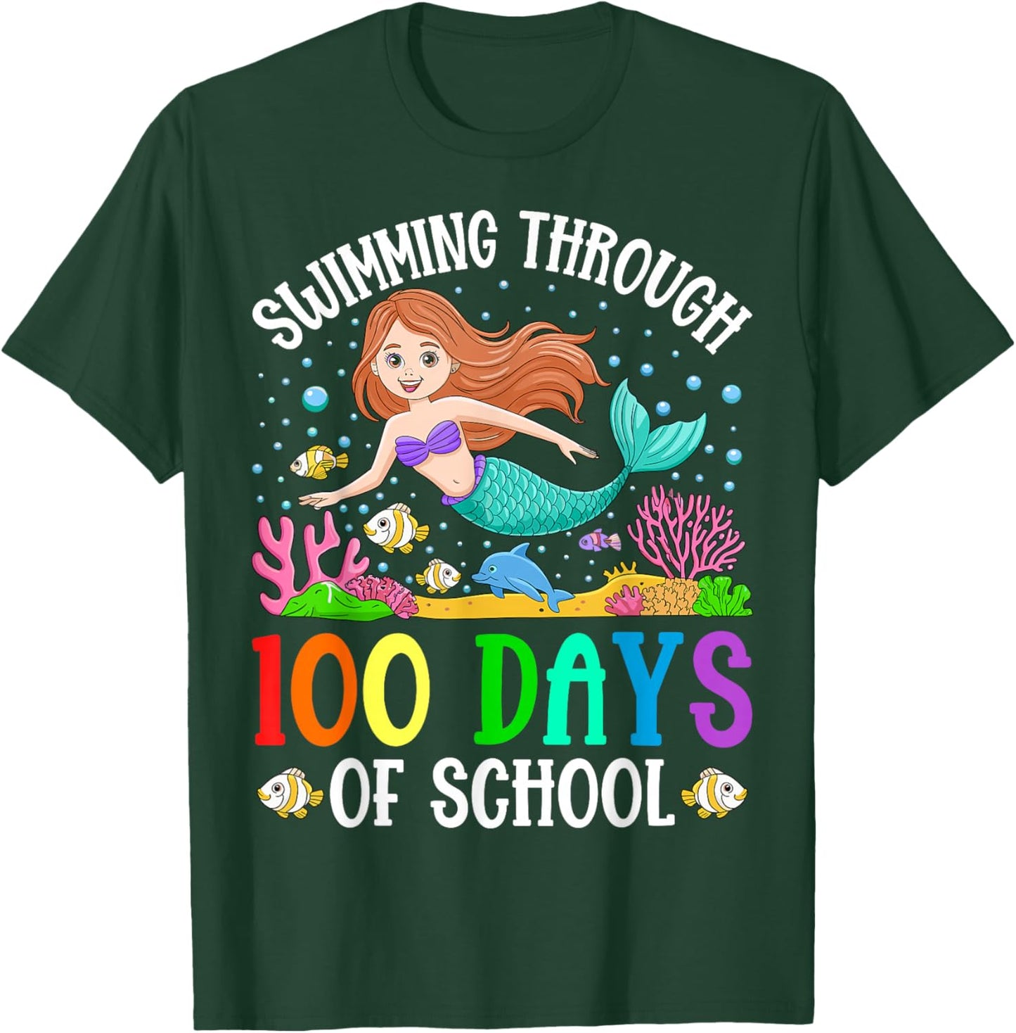 Swimming Through 100 Days Of School Mermaid Kids Teacher T-Shirt - T-Shirt | Forest