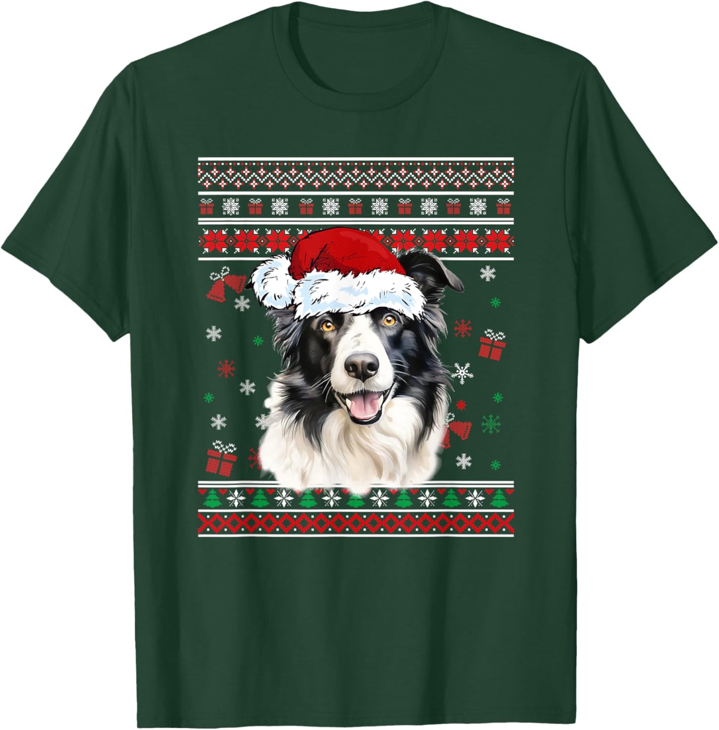 Border collie Dog Christmas Pajama Ugly Christmas Sweater Men Women Kids T-Shirt - T-Shirt | Forest