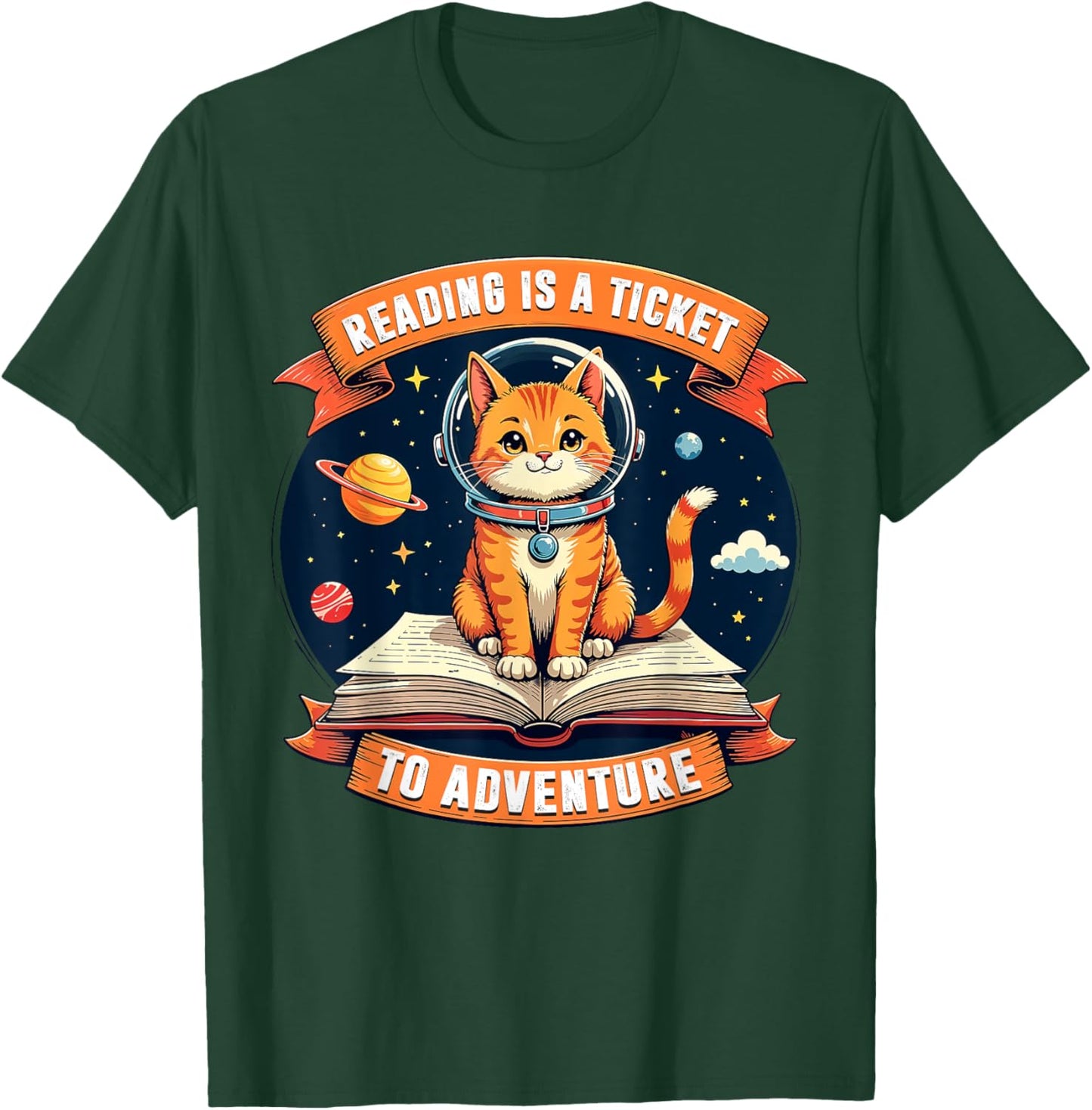 Reading Is A Ticket To Adventure Shirt Kids Space Cat Lover T-Shirt - T-Shirt | Forest