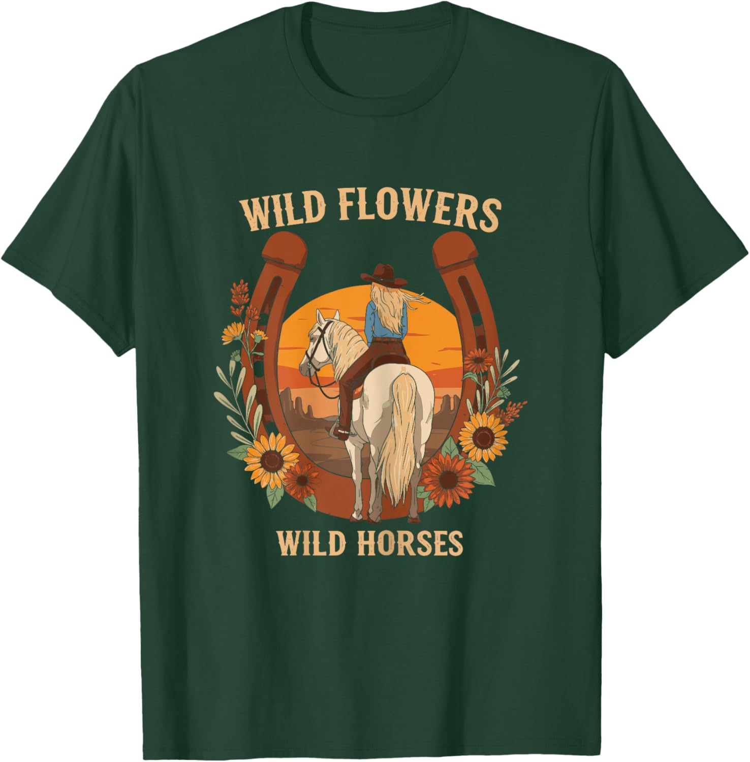 Wild Flowers Wild Horses Retro Rodeo Western Country Cowgirl T-Shirt - T-Shirt | Forest