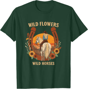 Wild Flowers Wild Horses Retro Rodeo Western Country Cowgirl T-Shirt - T-Shirt | Forest
