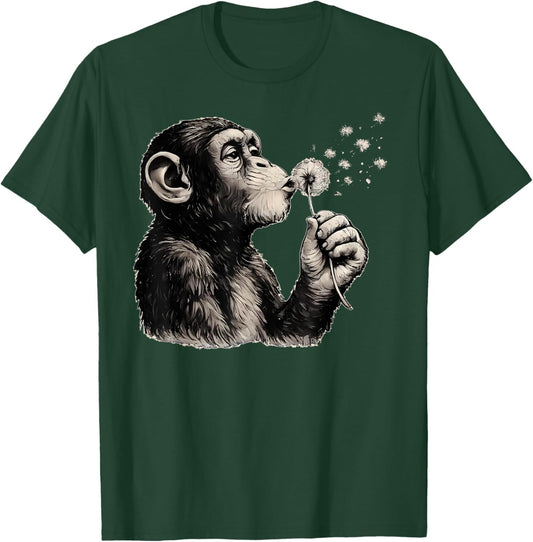 Blowing Wishes Funny Monkey Blowing Dandelion Retro Graphic T-Shirt - T-Shirt | Forest