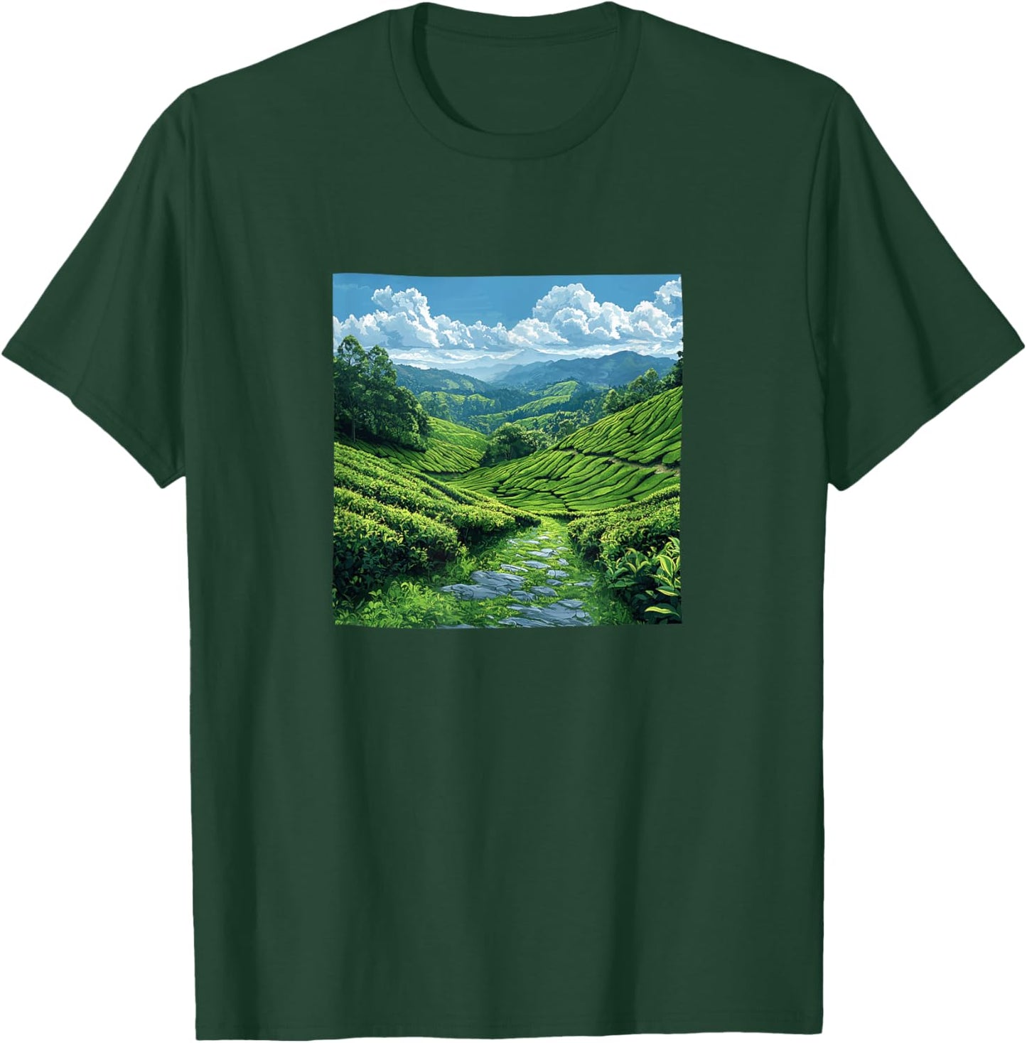 Vintage landscape illustration hills with tea plantations T-Shirt - T-Shirt | Forest