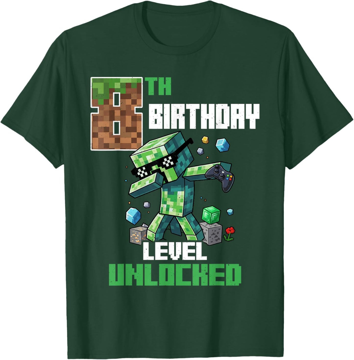 8th Birthday Level Unlocked Pixel Dab 8 Bday Gamer Boys Kids T-Shirt - T-Shirt | Forest