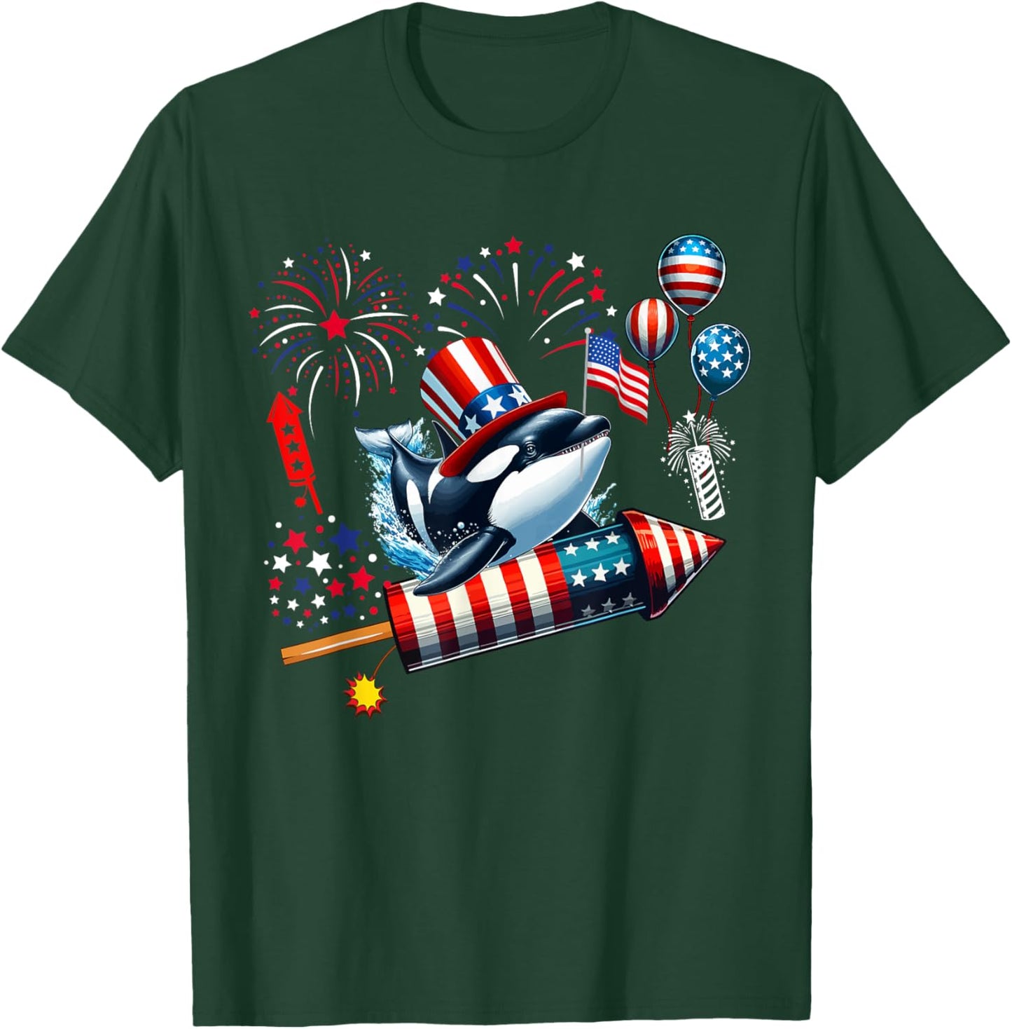 Orca Riding Firecracker US Flag 4th Of July Fireworks T-Shirt - T-Shirt | Forest