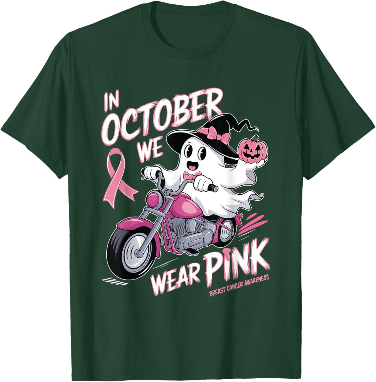 In October We Wear Pink Ghost Riding Motorcycle Halloween T-Shirt - T-Shirt | Forest