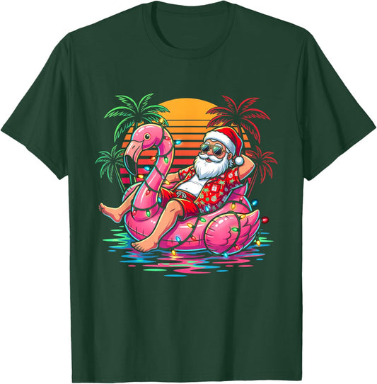 Christmas in July Santa Flamingo Float Summer Beach Xmas T-Shirt - T-Shirt | Forest