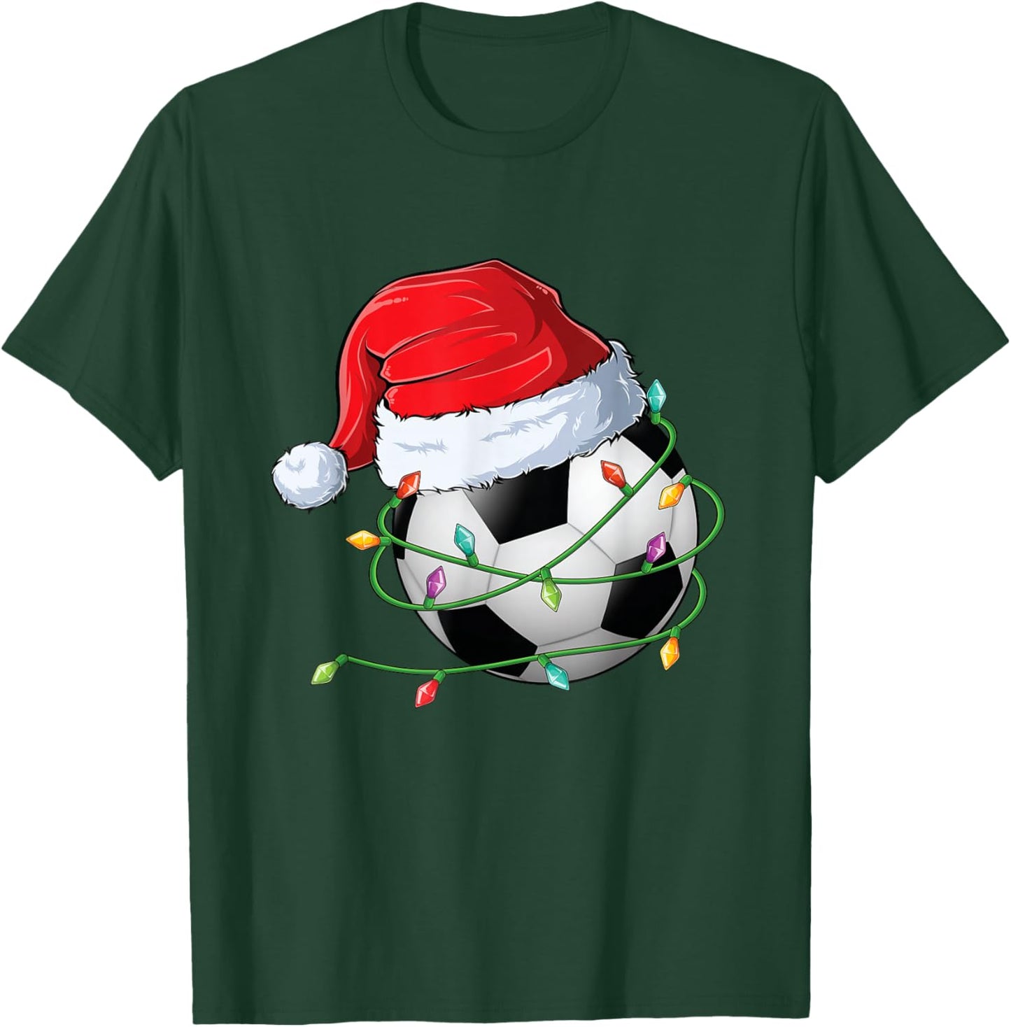 Christmas Soccer Santa Hat wrapped in Holiday Lights T-Shirt - T-Shirt | Forest