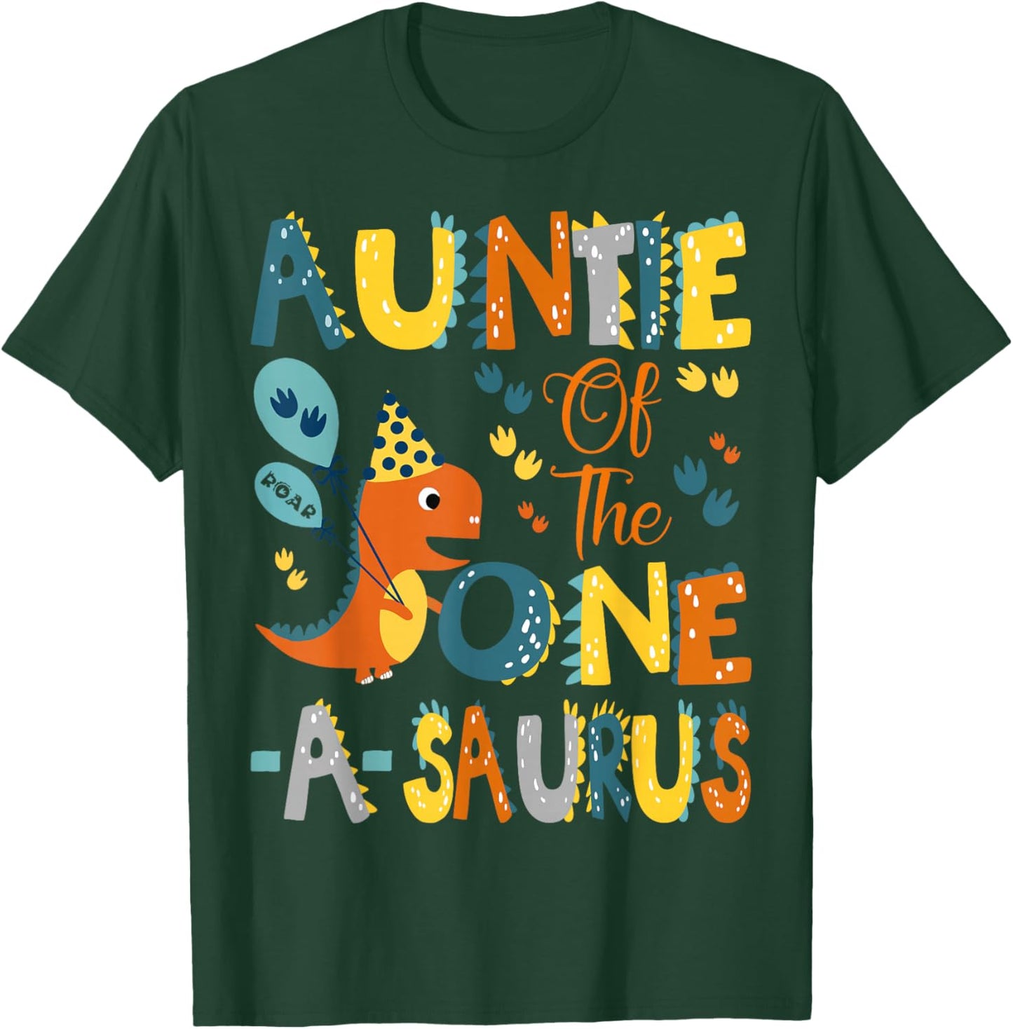 Dinosaur T-Rex 1St Birthday Matching Family Auntie Of The One-A-Saurus 1St Birthday Dinosaur Party -Kids Black Small Classic Fit Modern U-Neck Short Sleeve T-Shirt - T-Shirt | Forest